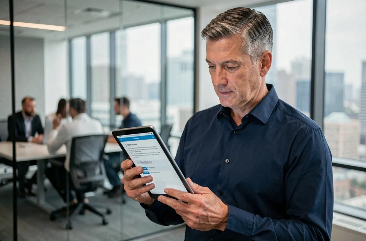 Homme consultant le guide de connexion MyArkevia sur une tablette en entreprise