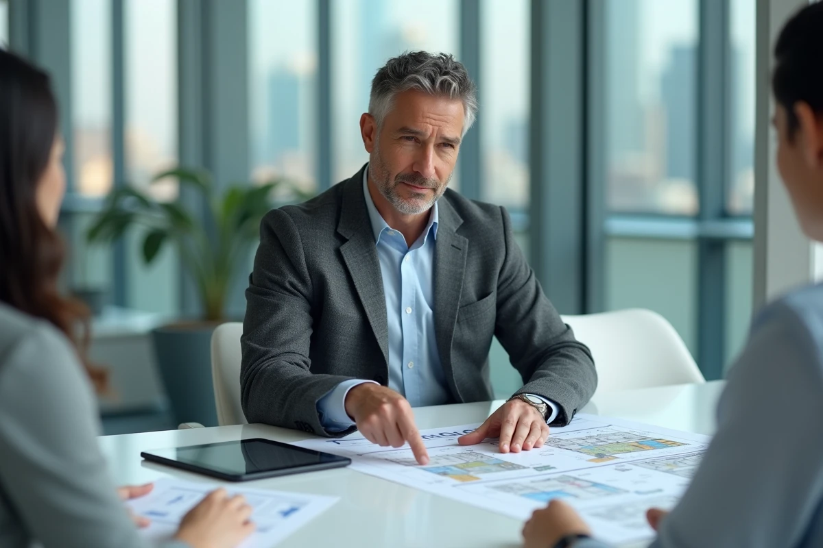 Agent immobilier présentant un plan de bien et une interface numérique à ses clients dans un bureau moderne, illustrant le service d'une agence immobilière en ligne