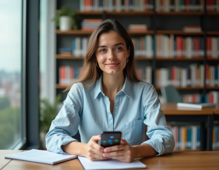 Une professionnelle utilisant une application de traduction sur son smartphone entourée de dictionnaires et de drapeaux internationaux
