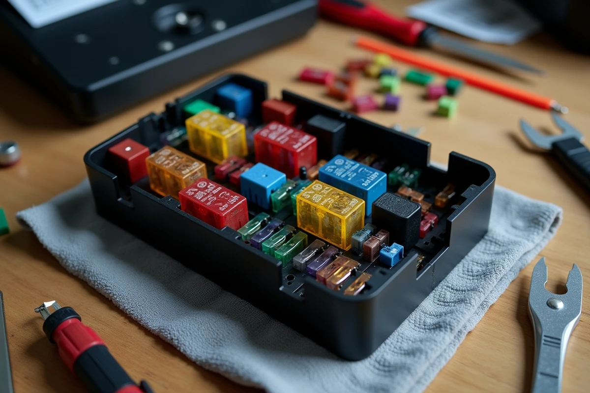 Boîtier BPGA ouvert avec fusibles et relais visibles posé sur un établi de garage avec outils de diagnostic
