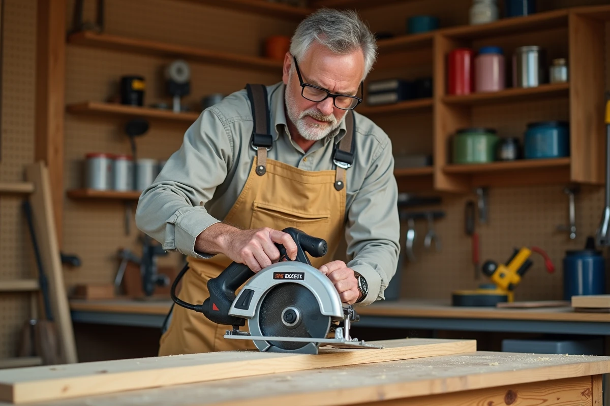 Bricoleur utilisant une scie circulaire Black & Decker CD601 pour couper une planche de bois dans un atelier de bricolage