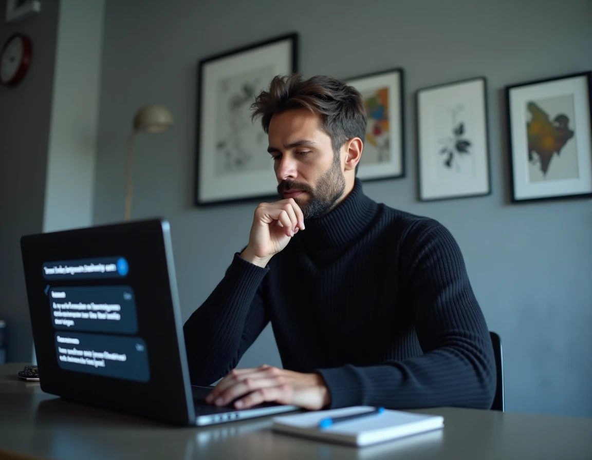Un homme interagissant avec ChatGPT sur un ordinateur portable pour effectuer une traduction multilingue grâce à l'intelligence artificielle