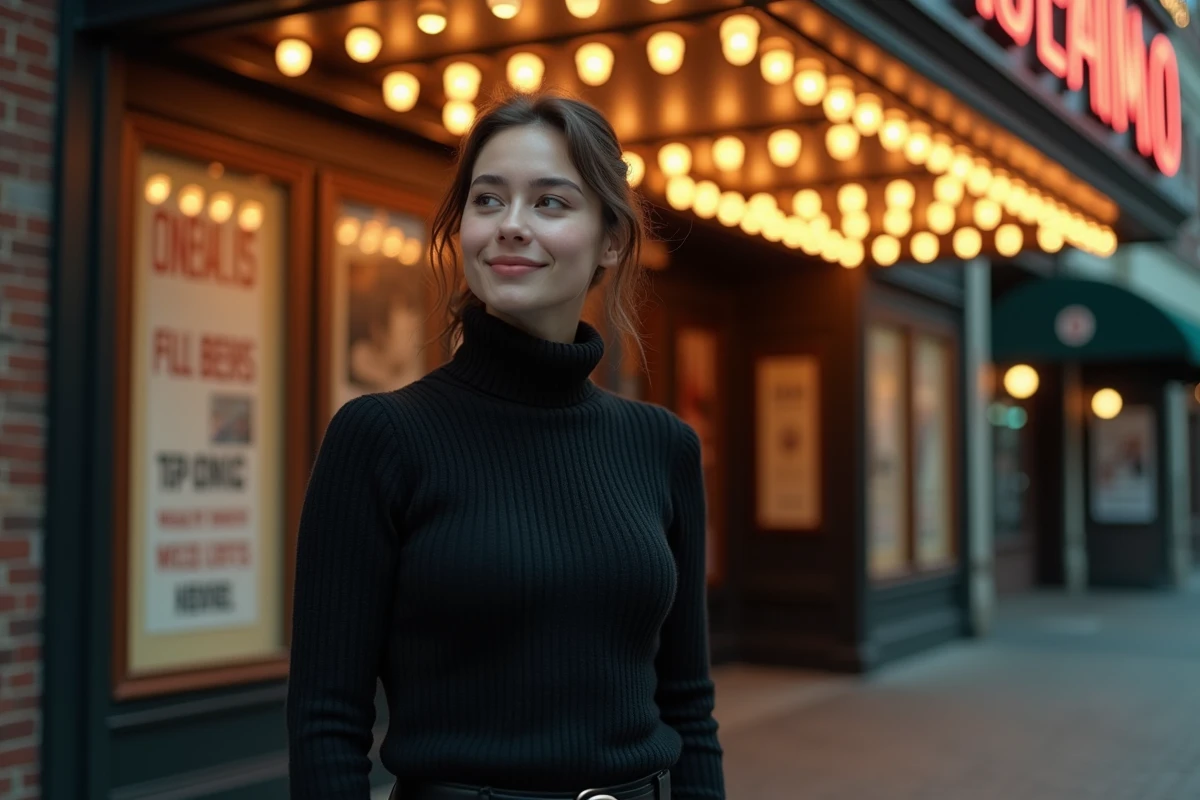 Portrait de Clara Pésery devant une marquise de cinéma vintage, évoquant son parcours cinématographique