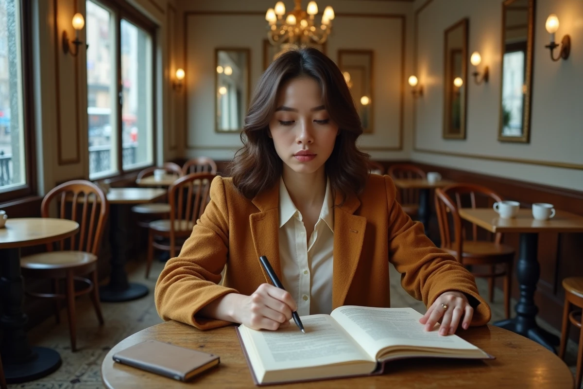 Clara Pésery lisant un scénario de film dans un café parisien, illustrant son travail de préparation cinématographique