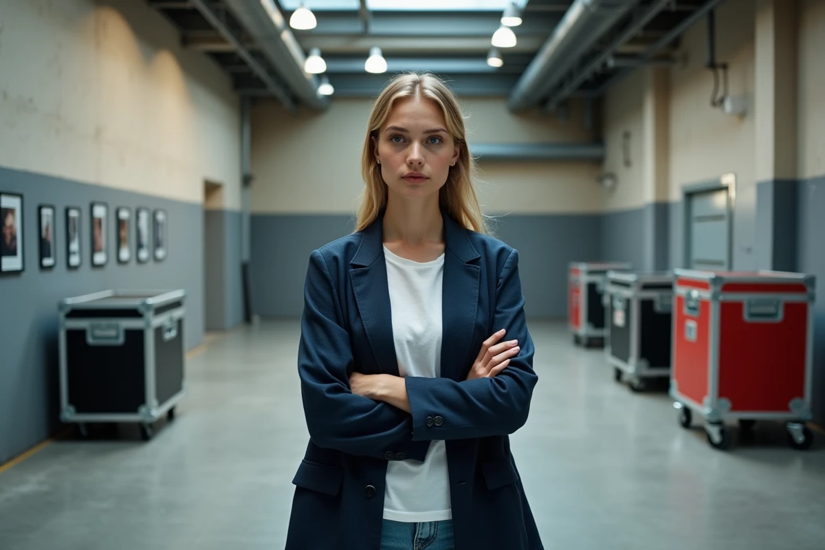 Clara Pésery dans un couloir de studio de cinéma, reflétant son ascension dans le monde du film