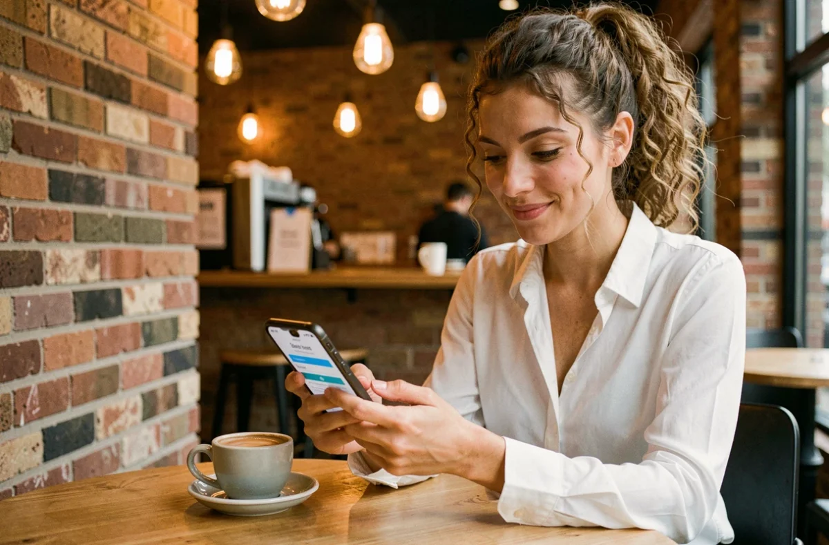 Jeune femme accédant à son compte MyArkevia depuis son smartphone dans un café