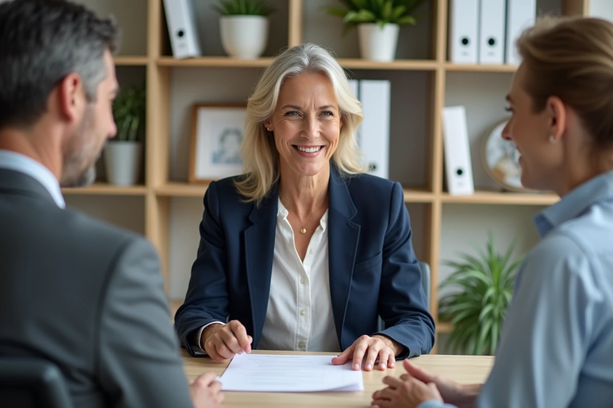 Conseillère en adoption discutant de dossiers avec un couple d'âge mûr dans un bureau administratif moderne