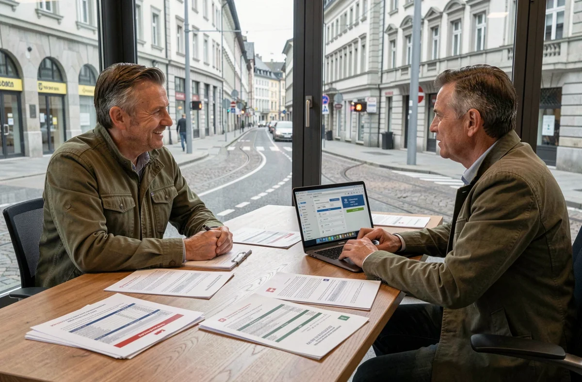 Particulier consultant un expert en importation automobile pour homologuer un véhicule étranger en Suisse dans un bureau zurichois