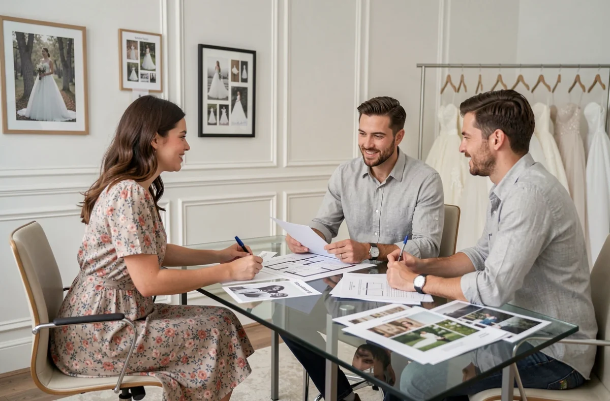 Couple en consultation avec une wedding planner dans une boutique de mariage moderne, examinant des plans et brochures