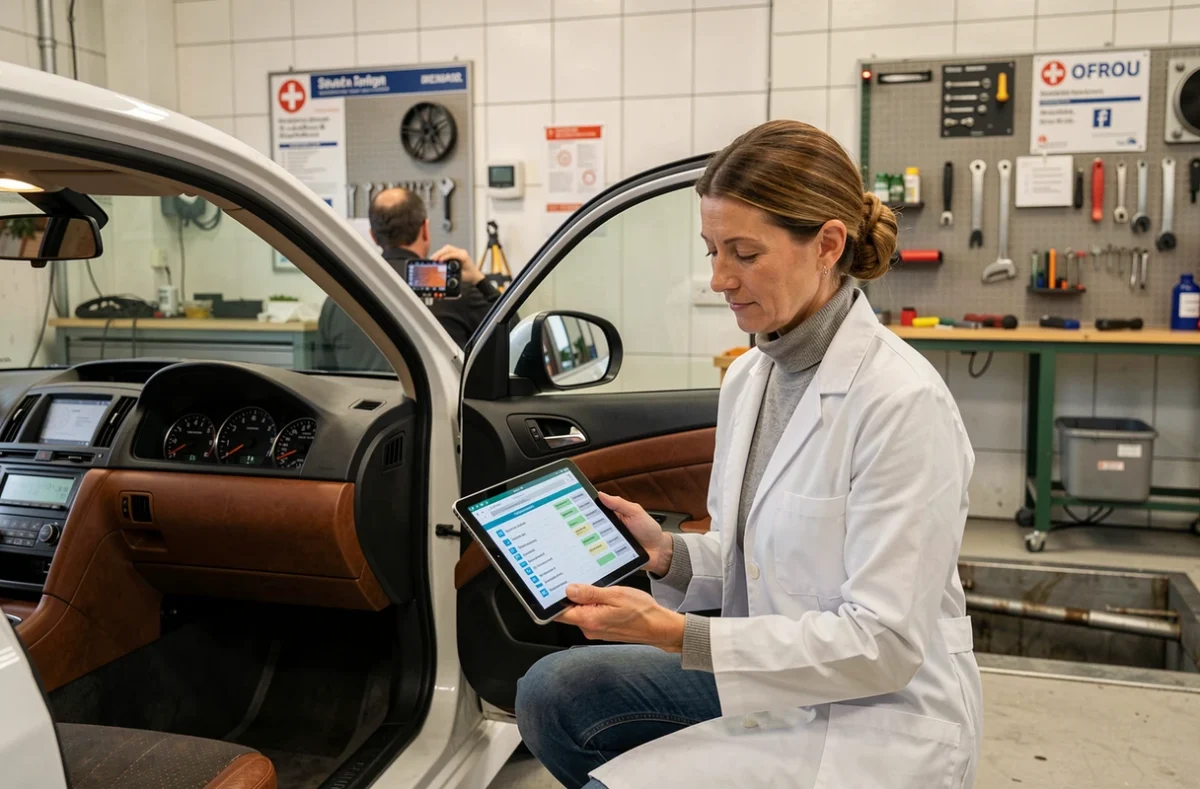 Ingénieure automobile effectuant un contrôle technique de conformité sur un véhicule importé dans un centre homologué en Suisse