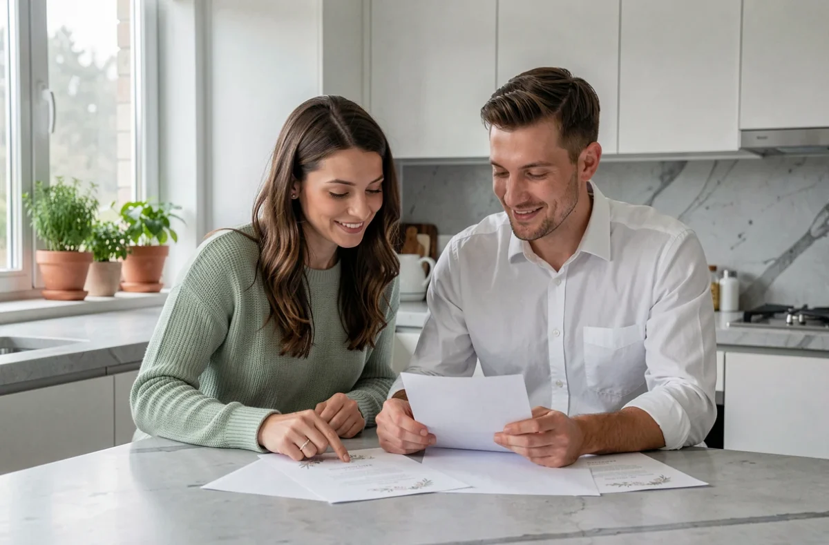 Couple choisissant ensemble le design de leur faire-part de mariage personnalisé imprimé dans une cuisine moderne