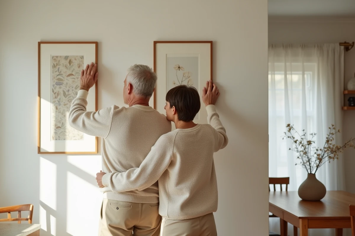 Couple accrochant des œuvres d