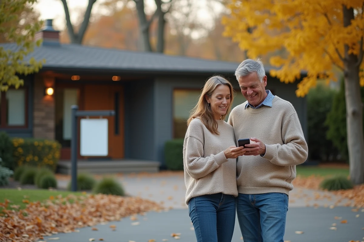 Couple consultant une annonce immobilière sur smartphone devant une maison à vendre en automne, représentant la recherche de bien via une agence en ligne