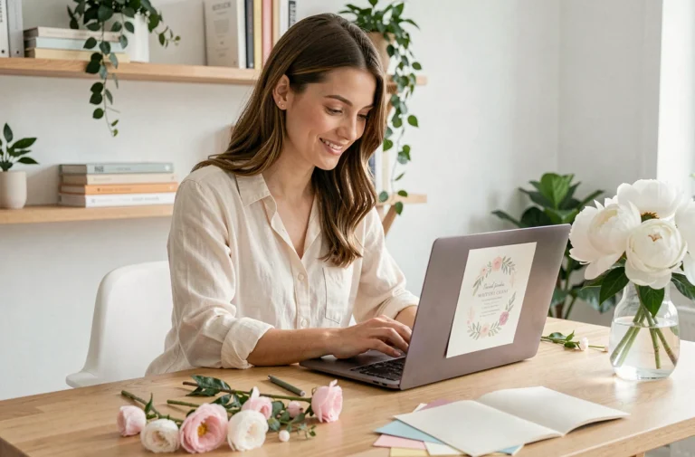Jeune femme créant un faire-part de mariage gratuit en ligne sur un ordinateur portable dans un bureau scandinave élégant