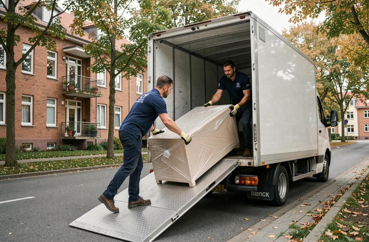Déménageurs professionnels chargeant un camion de déménagement dans une rue résidentielle