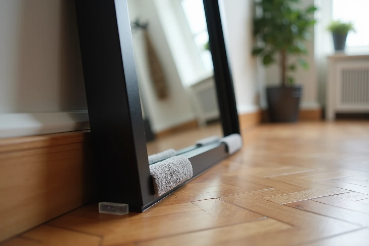 Détail du bas d'un miroir au sol noir stabilisé avec des patins en feutre sur parquet à chevrons sans fixation murale