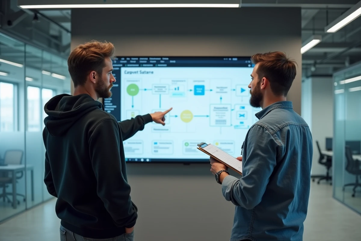 Deux développeurs web analysant une architecture de site et un diagramme de flux utilisateur dans un bureau d'agence digitale