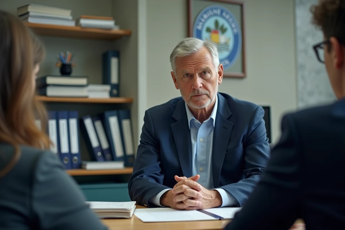 Directeur d'école discutant de la procédure de désinscription scolaire avec un parent dans son bureau