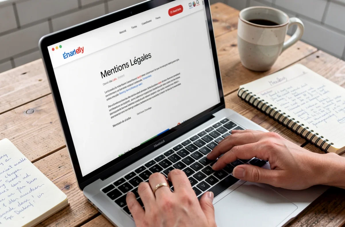 Écran d'ordinateur affichant une page de mentions légales d'un site web avec des notes manuscrites à côté