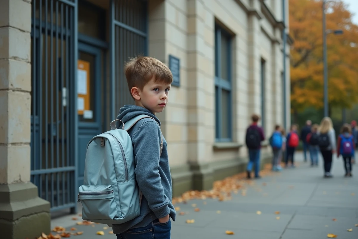 Jeune élève devant l'entrée de son école lors d'une procédure de retrait ou de changement d'établissement scolaire