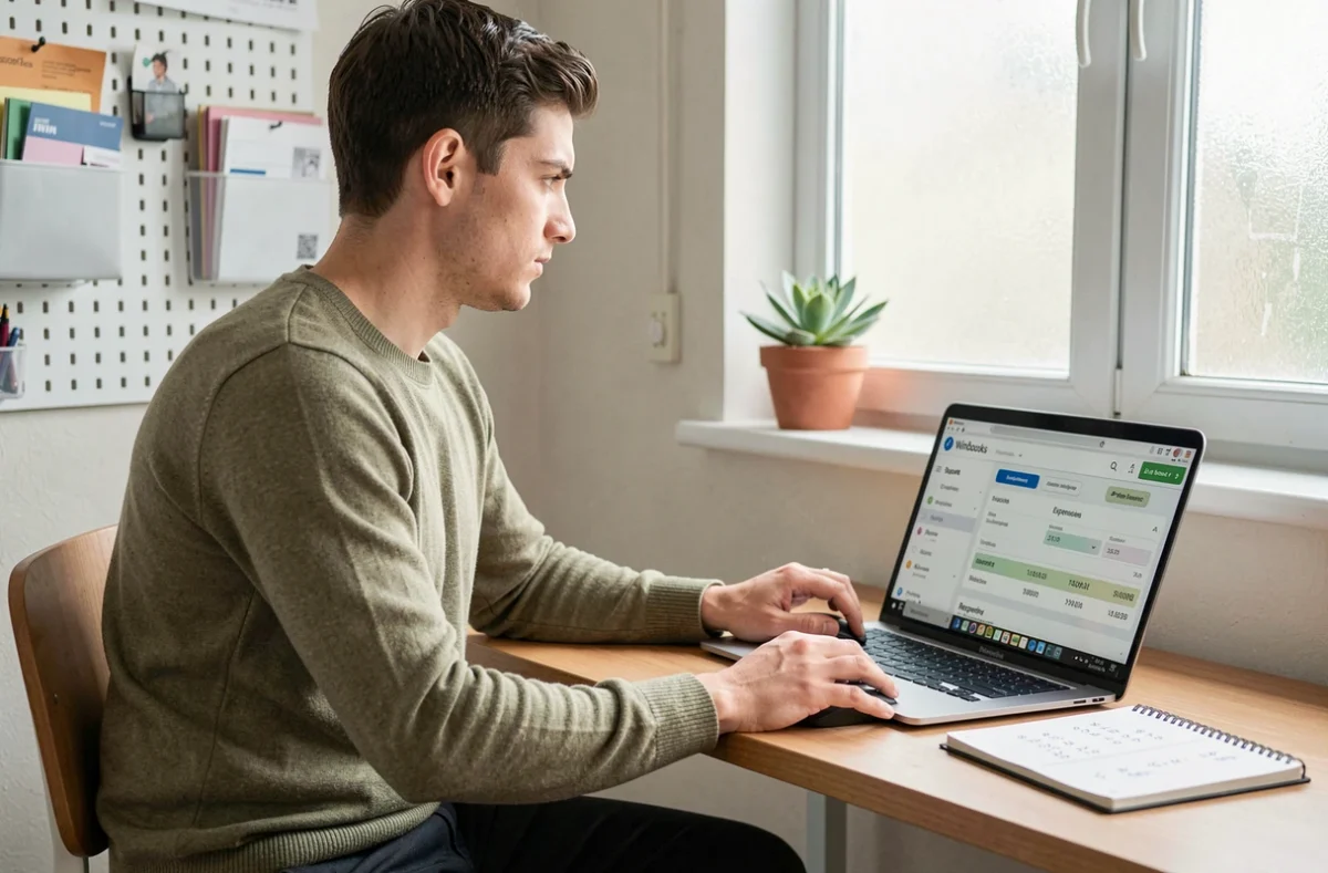 Jeune entrepreneur travaillant depuis chez lui sur un logiciel de comptabilité gratuit pour PME affiché sur un ordinateur portable