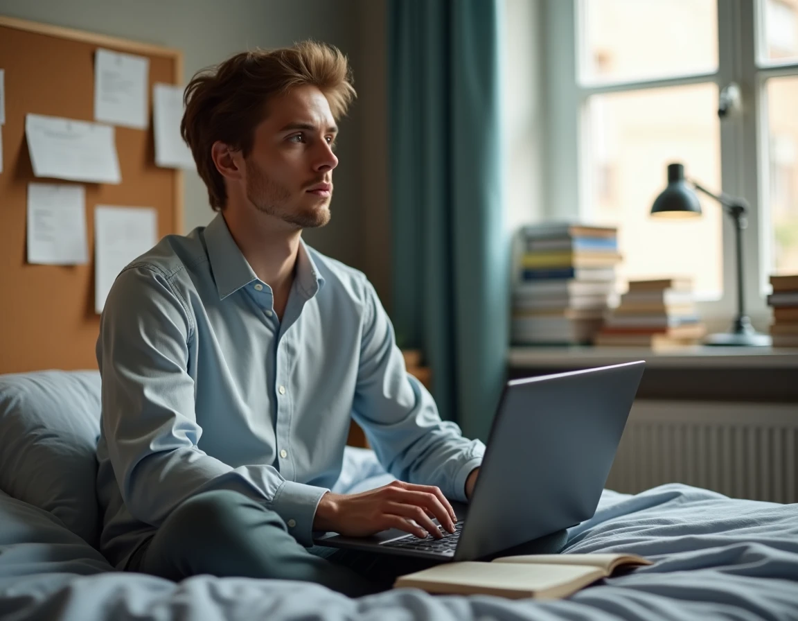 Étudiant comparant les plateformes Unidays et Student Beans sur son ordinateur portable dans sa chambre universitaire