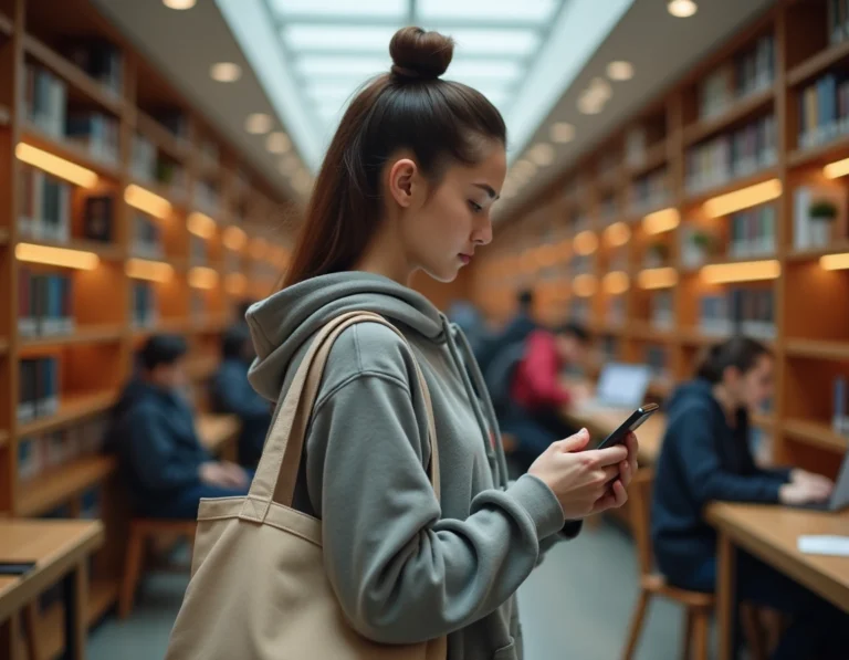 Étudiante consultant des offres de réduction sur smartphone dans une bibliothèque universitaire moderne