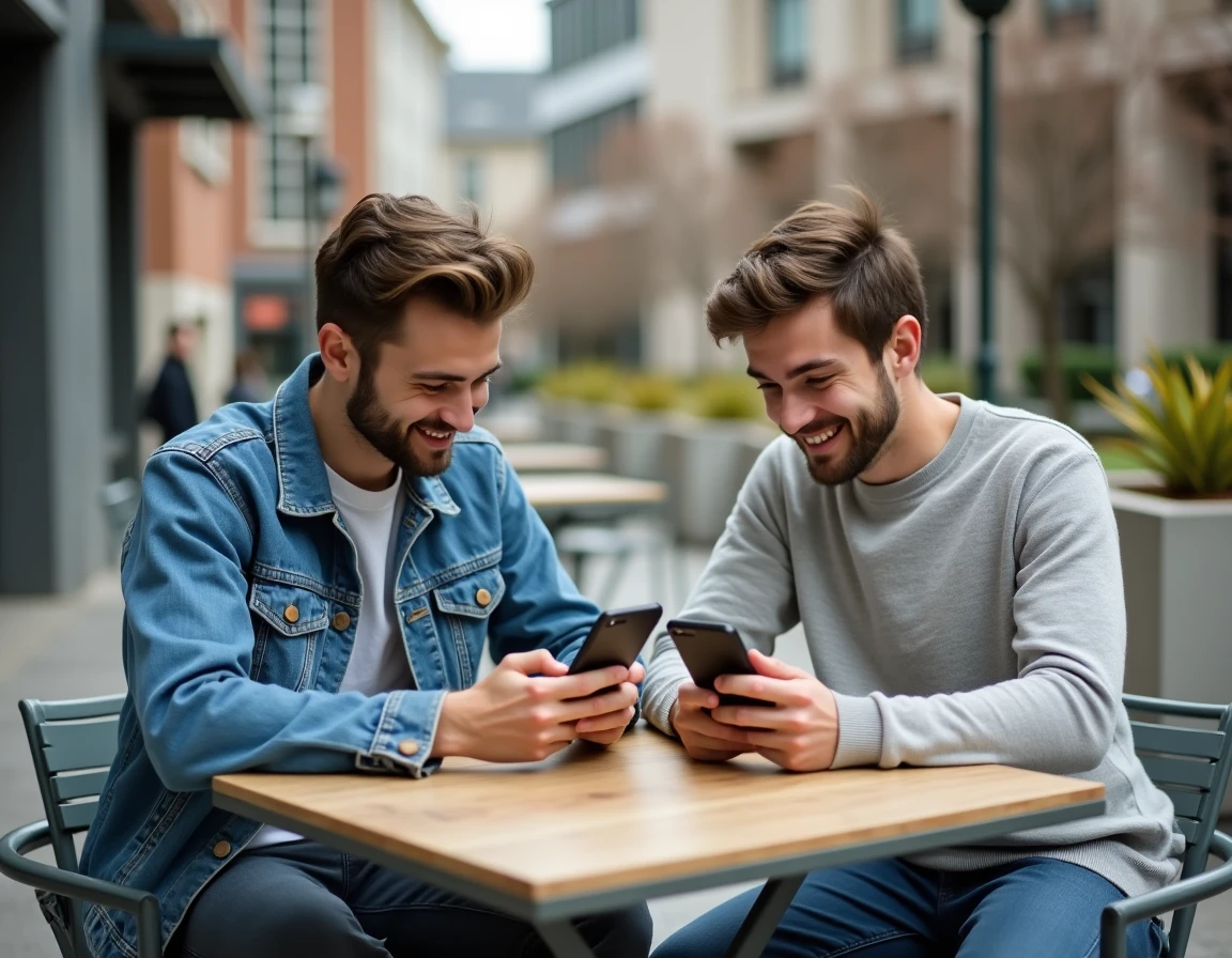 Deux étudiants comparant des applications de réductions étudiantes en terrasse de café universitaire