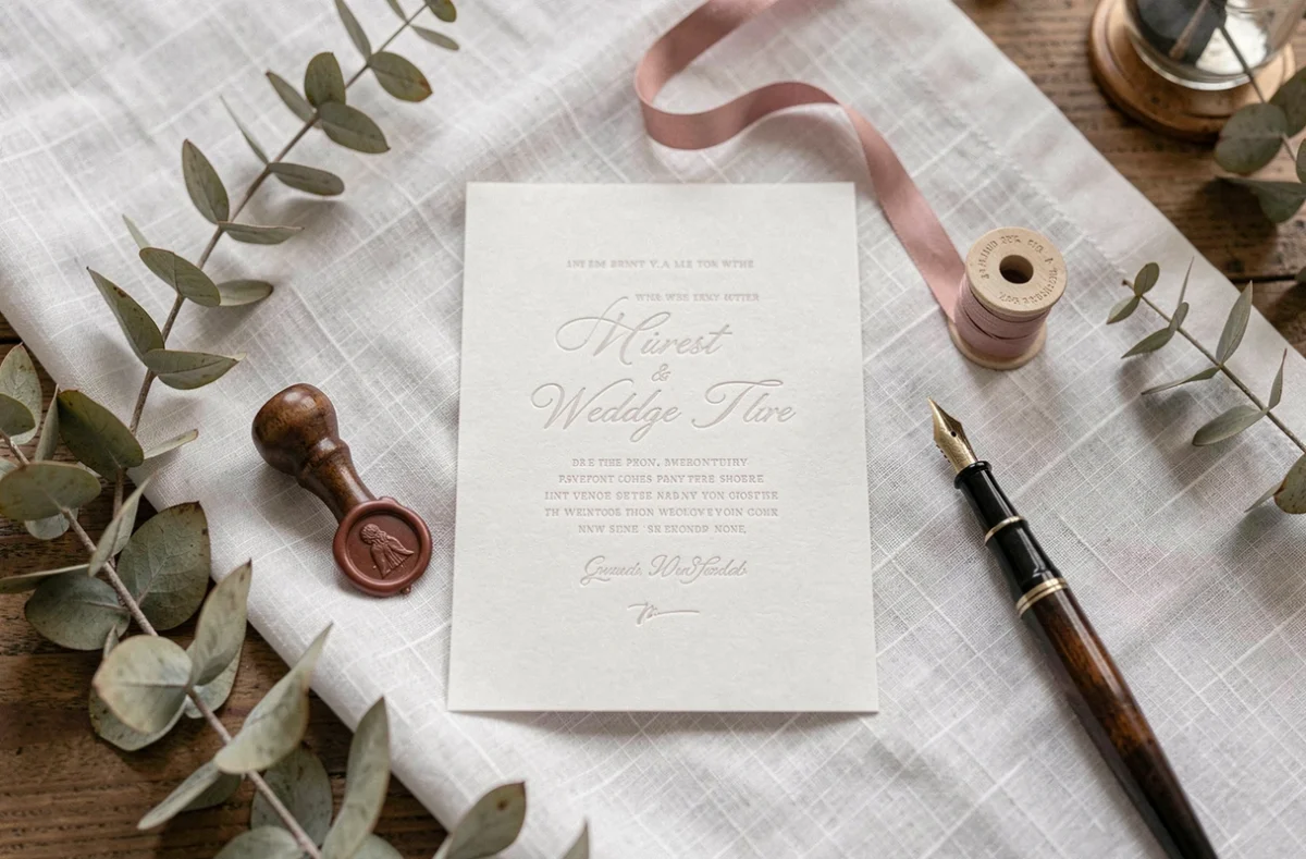 Faire-part de mariage élégant personnalisé posé sur un linge blanc entouré de décorations florales et d'accessoires de papeterie