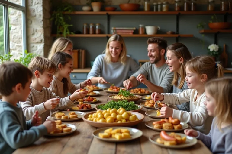Famille heureuse autour d'une table rustique en intérieur