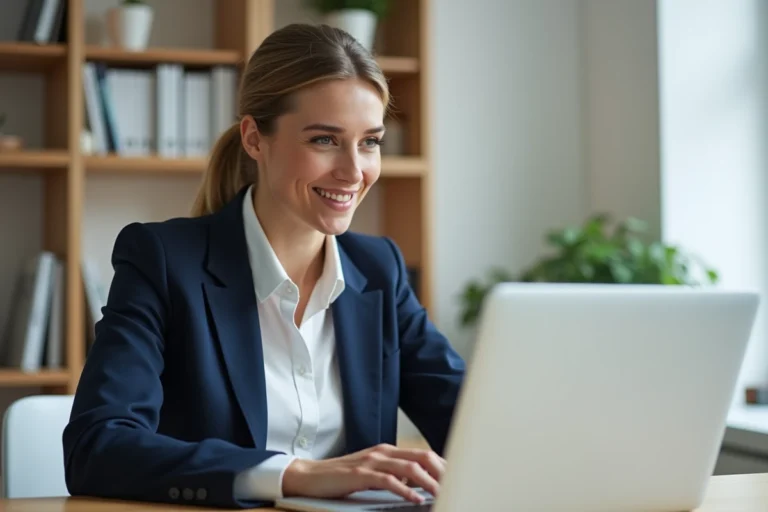 Femme professionnelle consultant des annonces immobilières en ligne depuis son bureau à domicile, illustrant le rôle d'une agence immobilière digitale