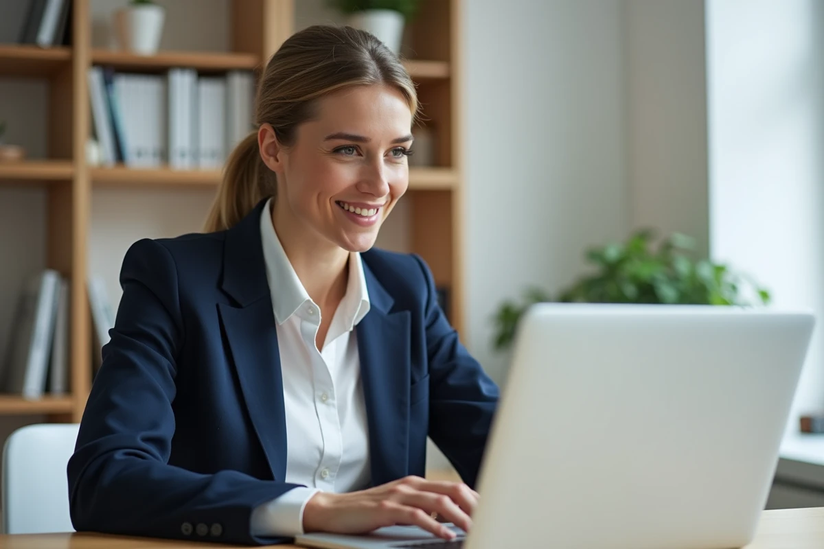Femme professionnelle consultant des annonces immobilières en ligne depuis son bureau à domicile, illustrant le rôle d'une agence immobilière digitale