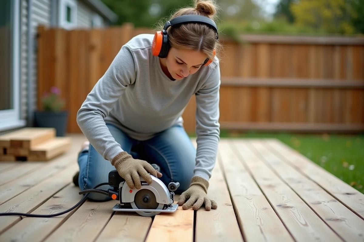 Femme bricolant sur une terrasse en bois extérieure avec une scie circulaire Black & Decker CD601 lors de travaux de rénovation