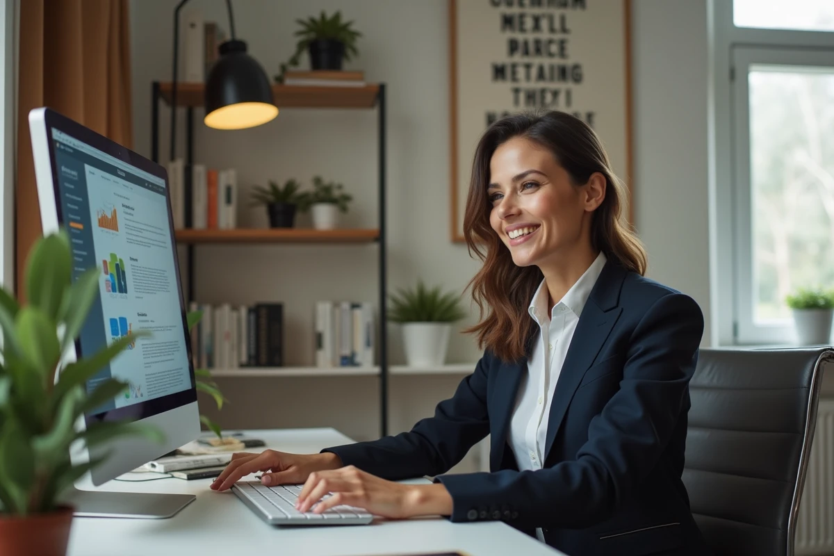 Femme en blazer travaillant dans un bureau à domicile
