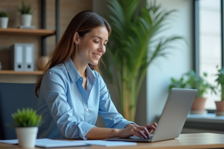 Femme en bureau médical avec ordinateur portable