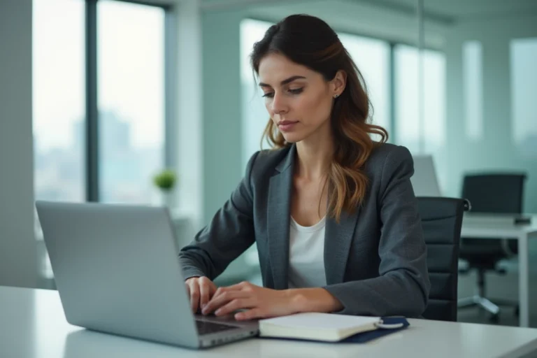 Femme professionnelle concentrée au bureau avec ordinateur