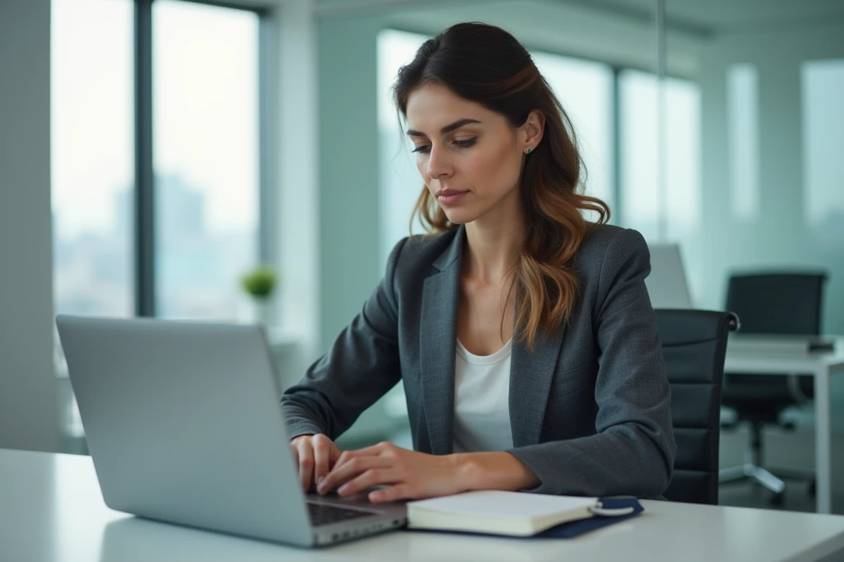 Femme professionnelle concentrée au bureau avec ordinateur