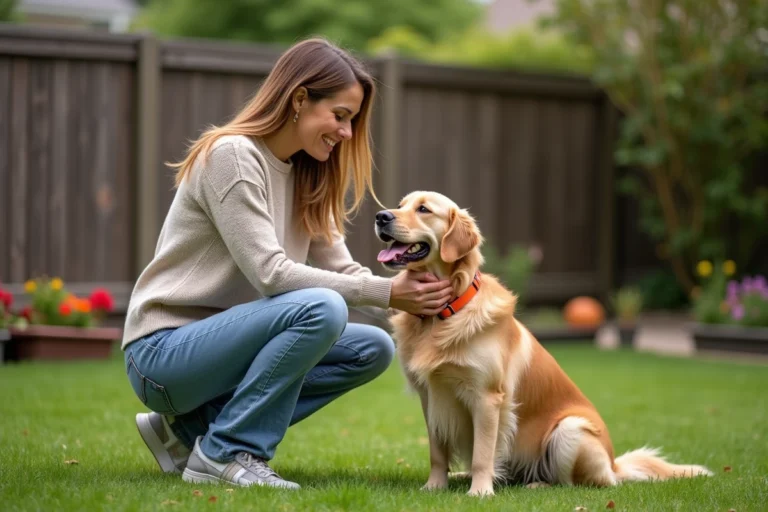 Femme et chien golden retriever dans le jardin ensoleille