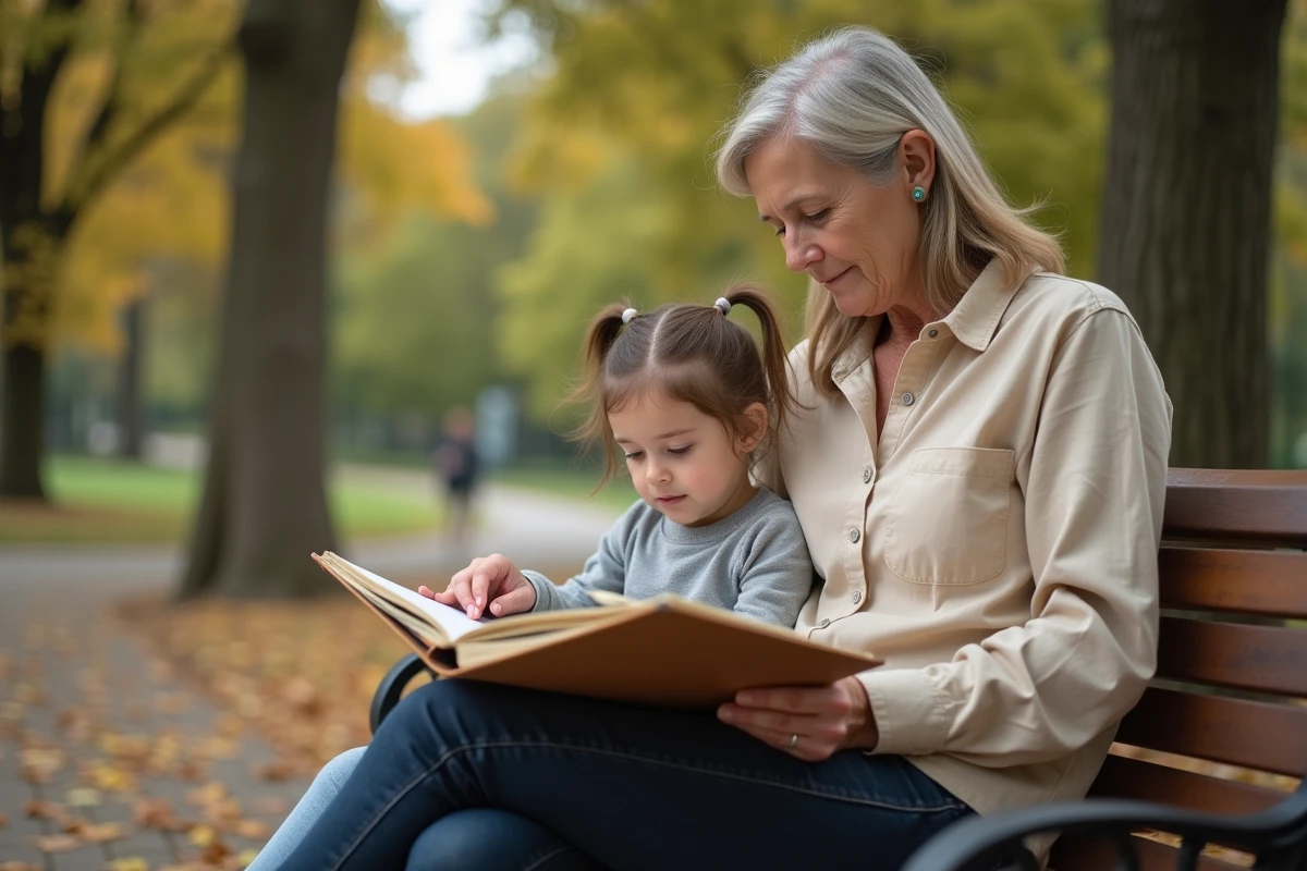 Femme seule dans la cinquantaine lisant un dossier d'adoption dans un parc en automne avec une jeune enfant à ses côtés