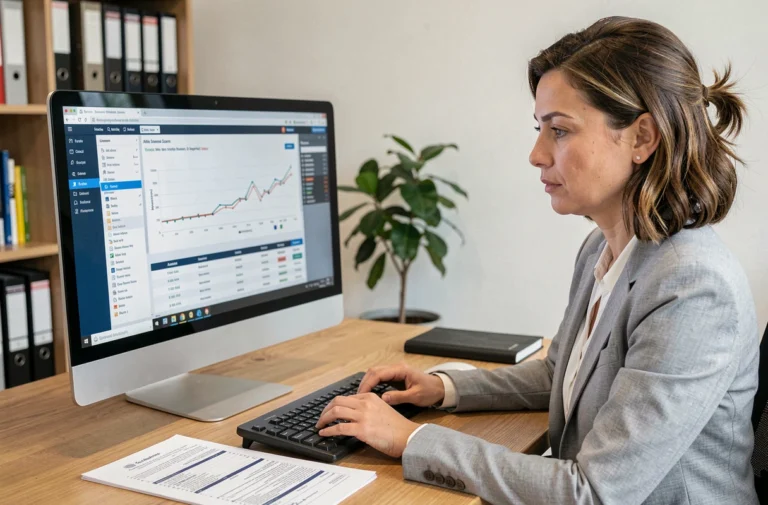 Femme comptable utilisant un logiciel de comptabilité Winbooks sur un grand écran dans un bureau de PME organisé