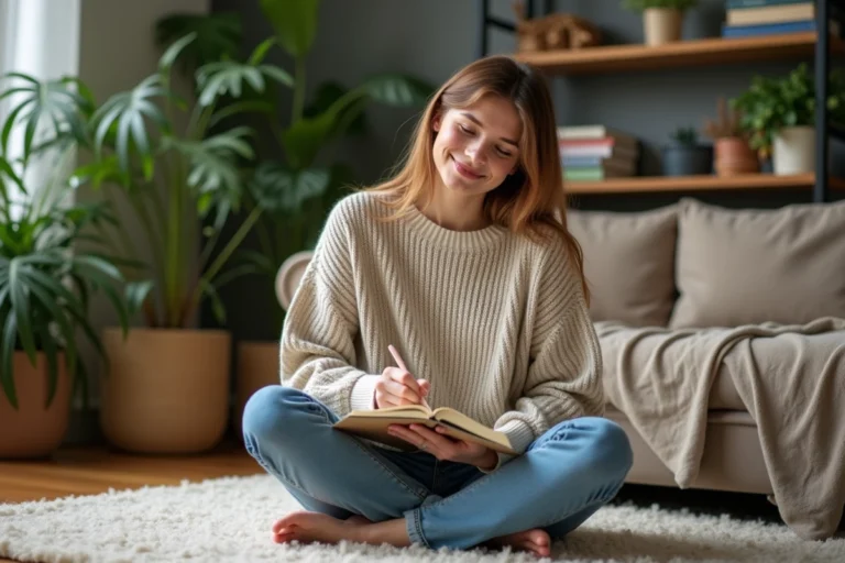 Jeune femme écrivant dans un journal dans un salon cosy
