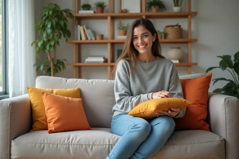 Jeune femme arrangeant des coussins dans un salon lumineux