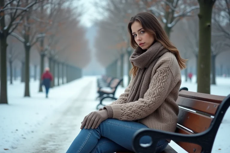 Jeune femme en hiver dans un parc urbain froid