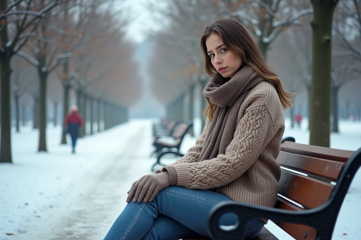 Jeune femme en hiver dans un parc urbain froid