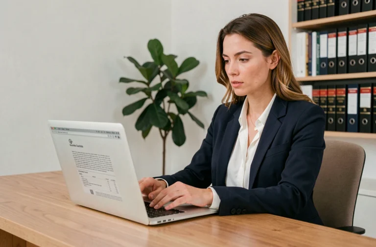 Femme professionnelle consultant des mentions légales sur son ordinateur portable dans un bureau moderne