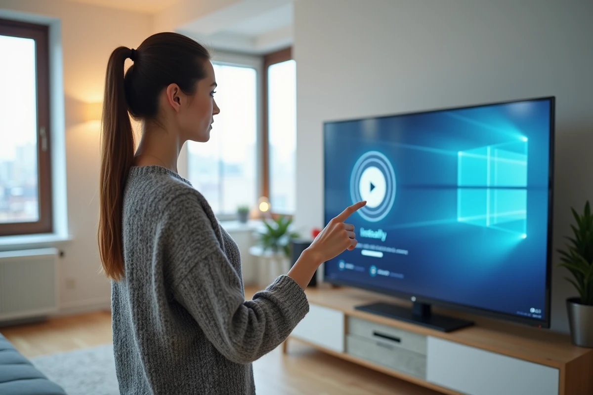 Jeune femme naviguant sur une grande télévision dans un appartement moderne