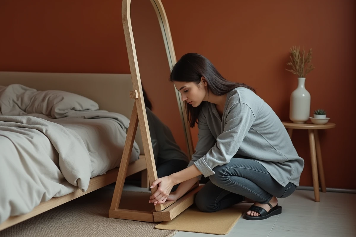 Femme installant un tapis antidérapant sous un miroir au sol dans une chambre aux murs terracotta sans perçage