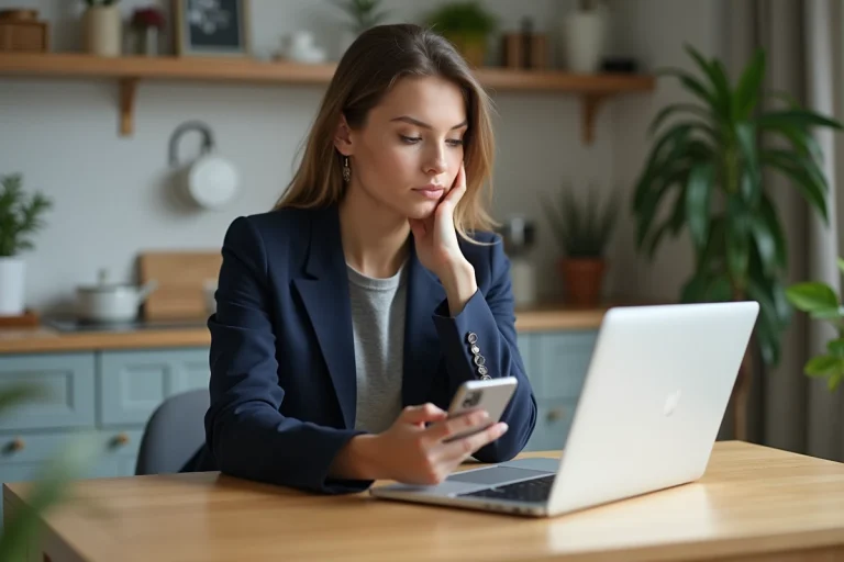 Jeune femme professionnelle travaillant à la maison avec ordinateur