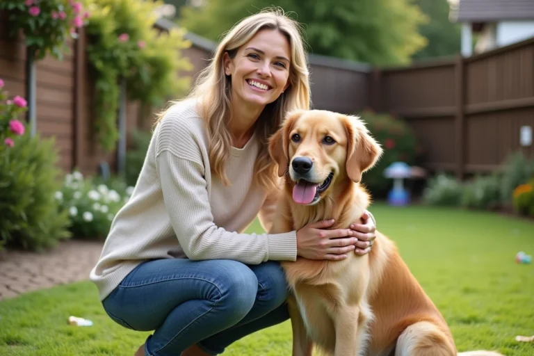 Femme souriante caressant un retriever dans un jardin