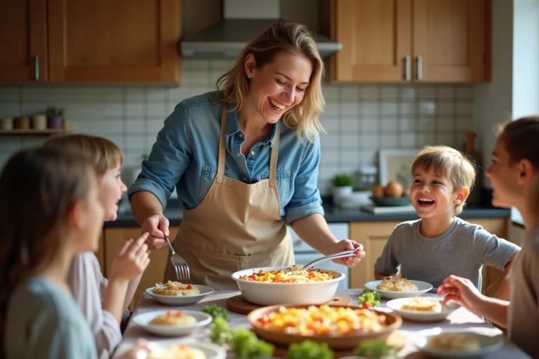 Femme souriante servant une casserole maison en famille